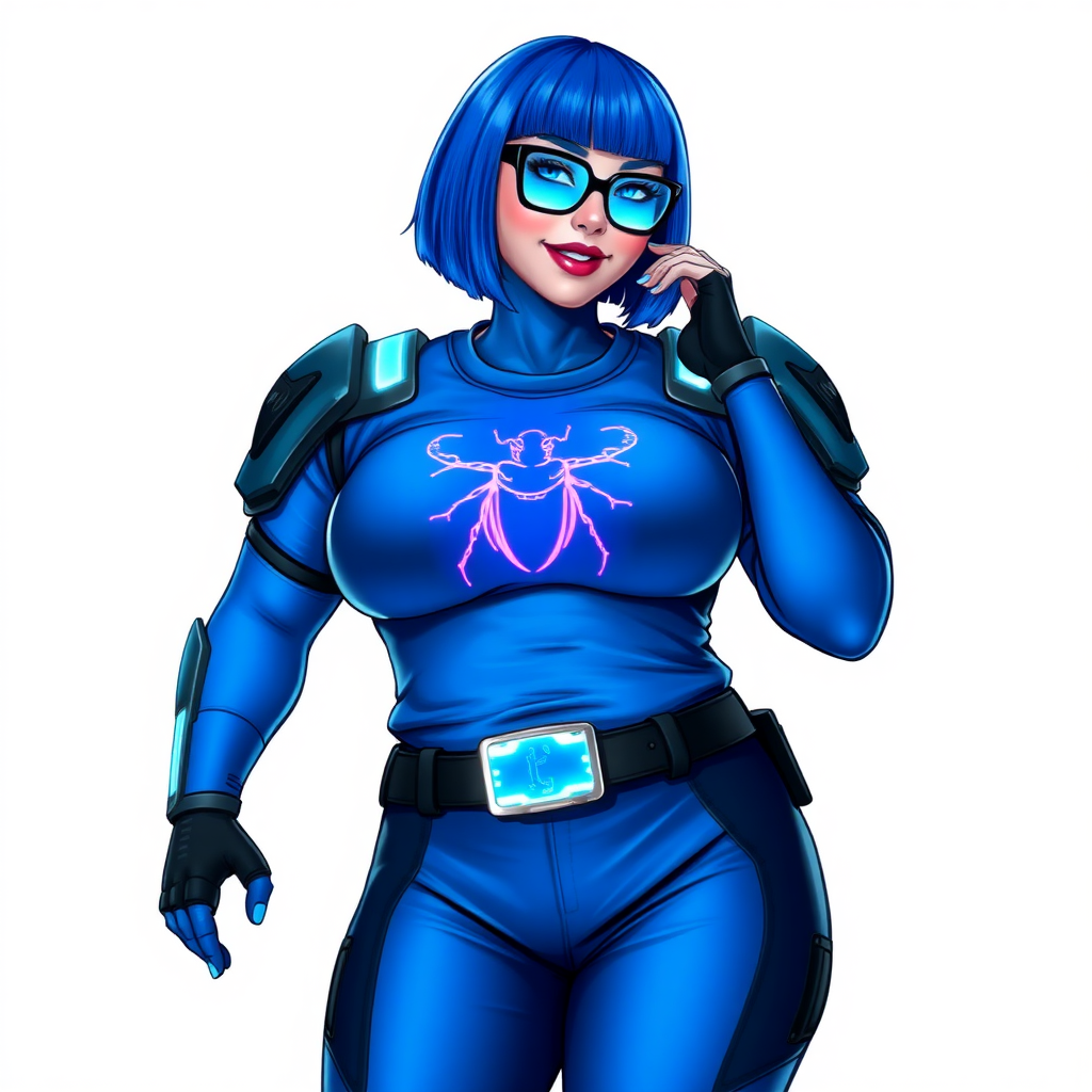 A 28-year-old, full-figured, metallic maximum blue (5PB 5/10) skinned computer program hybrid with a maximum blue bob cut. She has a non-athletic build, highlighted by a prominent, round, large midsection (with full emphasis on her round belly), which shows the effects of her love of junk food acquired from her boyfriend. As the full-figured, nerdy, digital sidekick to her cyberpunk vigilante boyfriend, her metallic maximum blue skin and maximum blue lipstick (5PB 5/12) emphasize her digital nature. Her skin has a subtle, animated glow, with digital patterns occasionally flickering across it, making her digital nature obvious. She wears a digital, computerized, superhero costume, consisting of a massive, tight-fitting, maximum blue t-shirt (5PB 5/12) made out of advanced nanotech with a neon blue chest icon of a beetle, hi-tech shoulder pads with neon blue accents, a black hi-tech belt with a digital neon blue glowing buckle, digital maximum blue biker pants (5PB 5/12) with neon blue accents, and black hi-tech fingerless biker gloves with neon blue glowing accents. Her neon blue glowing eyes, black eyeglasses with neon blue glowing lenses equipped with a built-in HUD, and bashful smile with neon red blush accentuate her nerdiness. She stands bashfully with one hand behind her back and the other hand gently touching her cheek, her costume covering all her skin (especially her midsection) and fully emphasizing her full figure (especially her round belly). She is clearly non-athletic, with a focus on her full-figured physique. Despite her build, she radiates beauty. She has a slim face compared to her physique, accentuating her radiant beauty. She is on a solid white background. She is drawn as if she were in a retro 2D cyberpunk fighting game.