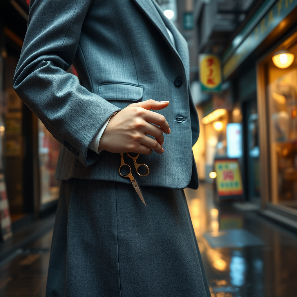 Camera focuses on the lower portion of a young Japanese businesswoman who wears a grey blazer and grey skirt. She grips and holds a pair of scissors at her side, the blades pointed to the ground. The scissors gleam from the lights of the shops in the surrounding alleyway. The lights of the shops are reflected in the rain puddles of the alleyway.