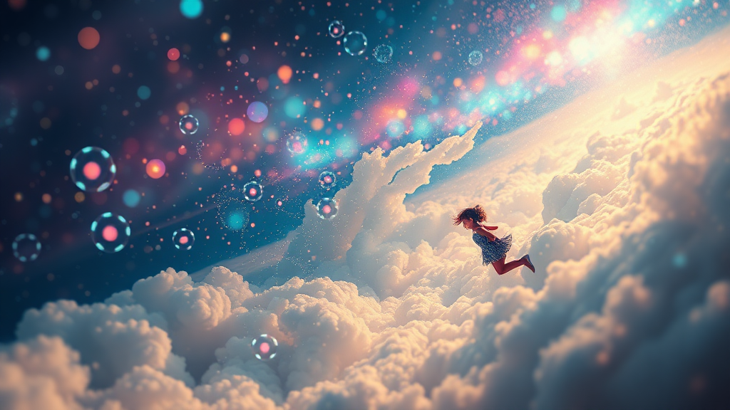 mandelbulb clouds, microscopy, Low Key Lighting, dreamscape, nebula, Bokeh, abstract, brilliant colors, glittering, translucent, iridescent, glowing, artistic photo, panoramic, airy, original, experimental, fractal, generative art, calm, preteen girl floating in the distance