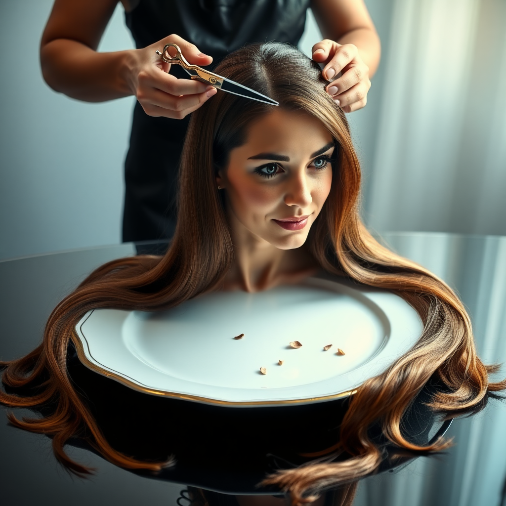 In a bizarre, surreal tableau, the polished surface of an elegant dining plate cradles the disembodied head of a strikingly beautiful Kate Middleton, her long, flowing hair cascading like a glossy waterfall of deep chestnut and honey highlights. The hair is luxuriously arranged, strands shimmering under the soft, ambient light that bathes the scene in an ethereal glow.

A skilled hairdresser, clad in a sleek black apron, stands poised with a pair of gleaming scissors, carefully trimming the endlessly luxurious locks that frame Kate's serene, almost ethereal features. The air is thick with the scent of salon products mingling with delicate hints of floral fragrances, creating an unusual yet strangely inviting atmosphere. The hairdresser's focused expression reveals a meticulous dedication as snippets of hair fall gracefully onto the pristine plate, echoing a sense of both artistry and absurdity.

The overall emotional tone conveys a dreamlike quality, inviting viewers to ponder the juxtaposition of beauty, identity, and the bizarre circumstances that bind them in this extraordinary moment.