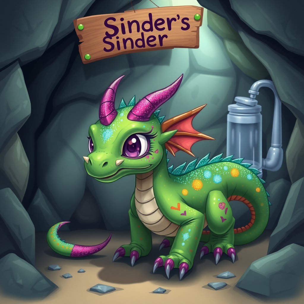 A green dragon with rainbow sparkly spots and purple skin and eyes but no horns in a dragon cave with a sign above it that says "Sinder's Lair". There is a smoothy machine in the background.