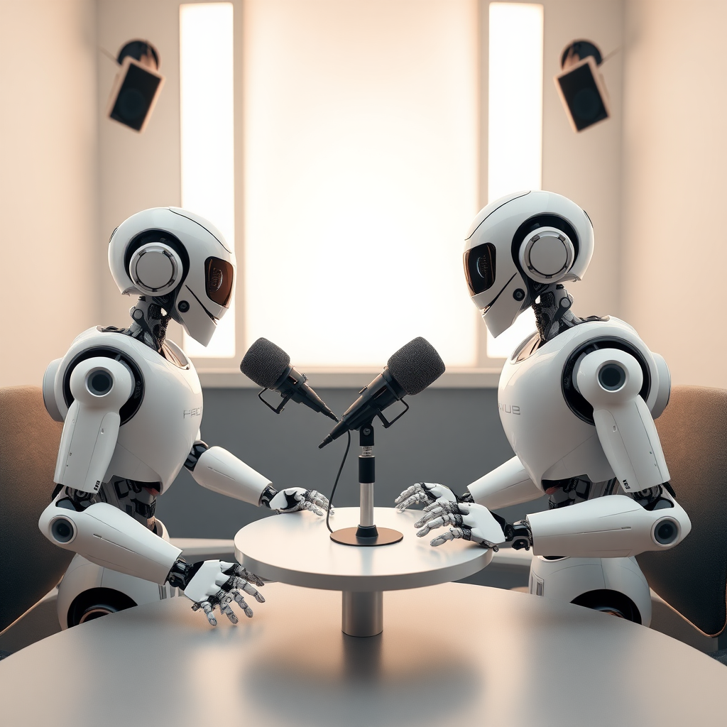 Two humanoid robots hosting a podcast in a well-lit studio. Round table between them, studio mic.