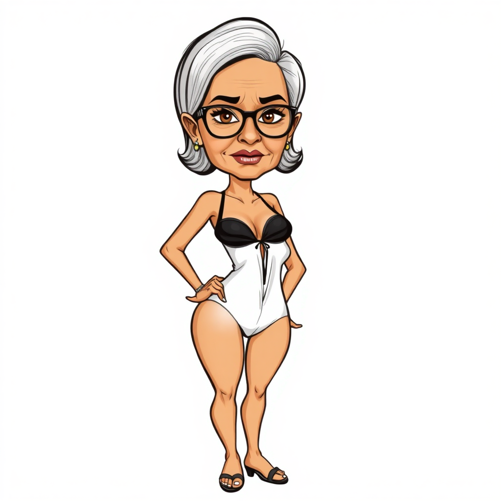 a towering 55 Years old, fit, slim, European, Latina, sharp aquiline nose, wrinkles, high cheekbones, Middle Eastern, Skinny, Tanned skin, Dark light skin, Rounded Medium breasts, Skinny thighs, full Makeup, jewelry, Serious face, Sharp nose, Ash hair, short bowl haircut, Brown eye color, Glasses, with detailed features. Hands on hips, she is wearing black balconette bras and a white open front high cut one piece swimsuit, detailed fabric. full body, high heels sandals, she is gesturing at the viewer, 
long establishing shot, 2D, caricature, cartoon, Sketch lines, coloring book, nlack and white, coloring book style on white background, well composed, clean coloring book page, No dither, no gradient, strong outline, No fill, No solids, vector illustration, realistic proportions