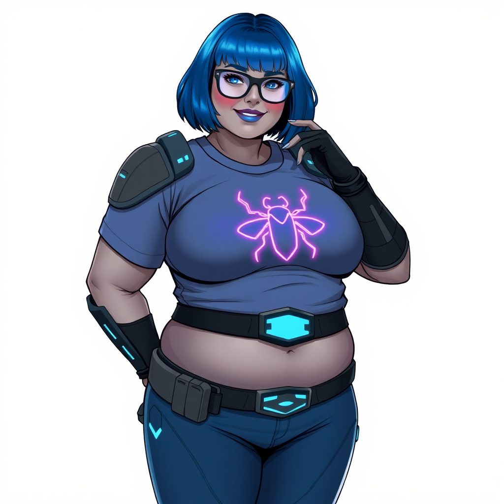 A 28-year-old, full-figured, metallic middle gray skinned computer program hybrid with a maximum blue bob cut. She has a non-athletic, full-figured build, highlighted by a prominent, round, large midsection (with full emphasis on her large belly). As the full-figured, nerdy, digital sidekick to her cyberpunk vigilante boyfriend, her metallic middle gray skin and maximum blue lipstick emphasize her digital nature. She wears a digital, computerized costume inspired by DC’s Carrie Kelly Robin, consisting of a huge, tight-fitting, maximum blue t-shirt with a neon blue glowing chest icon of a beetle, hi-tech shoulder pads with neon blue accents, a black hi-tech belt with a digital neon blue glowing buckle, digital maximum blue pants with neon blue accents, and black hi-tech fingerless biker gloves with neon blue glowing accents. Her bright blue eyes, black eyeglasses with glowing neon blue lenses with a built-in HUD, and shy smile with neon red blush accentuate her nerdiness. She stands bashfully with one hand behind her back and the other hand gently touching her cheek, her costume covering all her skin and emphasizing her full-figured physique (especially her belly). She is clearly non-athletic, with a heavy focus on her large belly. Despite her build, she radiates beauty. She has a slim face compared to her physique, accentuating her radiant beauty. She is on a solid white background. She is drawn as if she were in a retro 2D cyberpunk fighting game. Her full figure is on full display and fully emphasized.