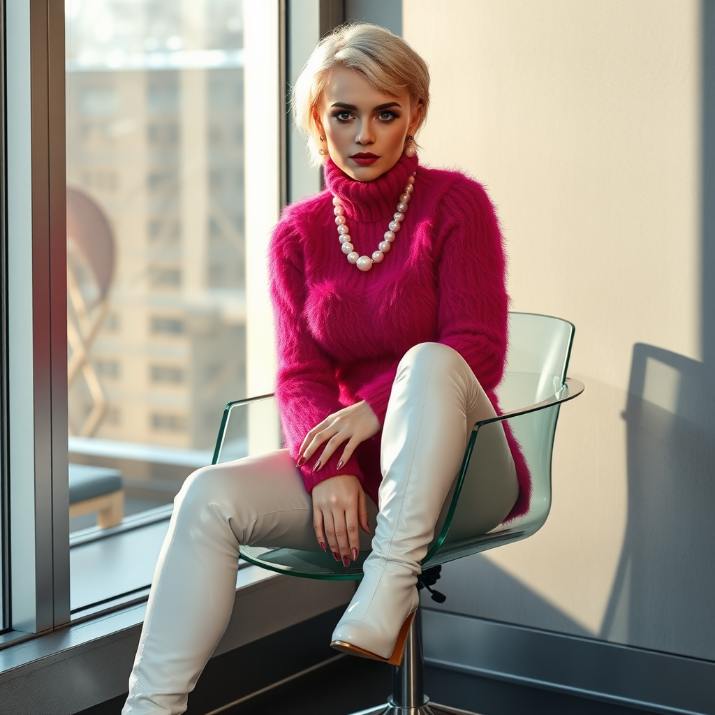 Sunny spring morning, modern glass-steel-concrete office, sitting on glass chair at wall, waiting for the master: O., European 17 years old very convincing femboy “trophy-bimbo”, tamed servile docile, very beautiful feminine flawless face, rather short boyish figure, platinum blond short tight curls, bold red lips, heavily made-up face, long French nails, wearing Supertanya-style chunky fluffy very fuzzy bright deep raspberry mohair figure-hugging turtleneck-knitdress with white pearl decoration, white vinyl thigh-high boots with golden heels, pearl earrings, serious, leaning forward presenting her assets, arrogantly looking at camera.