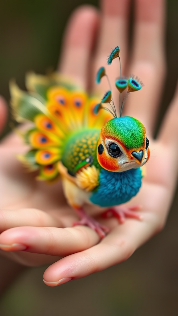 A small tiny cute chubby big eyes big perfect tail real colorful dancing peacock with tail on hand