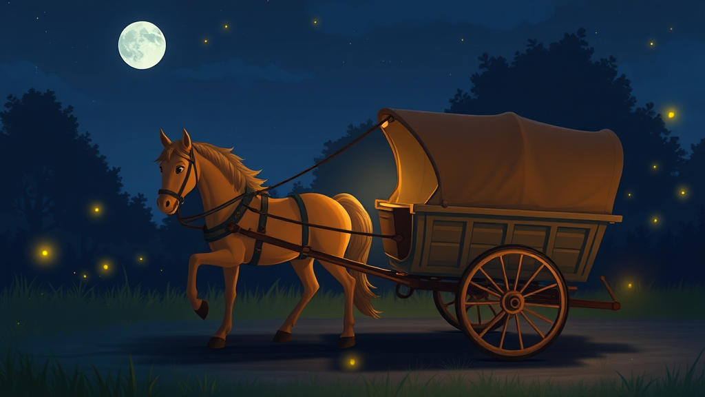 A horse and cart at night, some fireflies around animation.