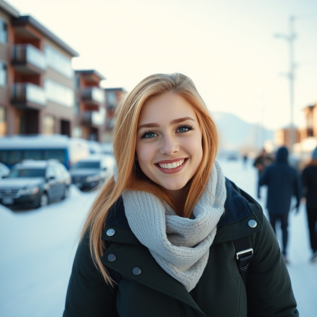 beautiful happy young woman with ginger cherry blonde long hair, full lips, perfect eyebrows, pale skin, on Alaska during winter in Anchorage on sunny snow day