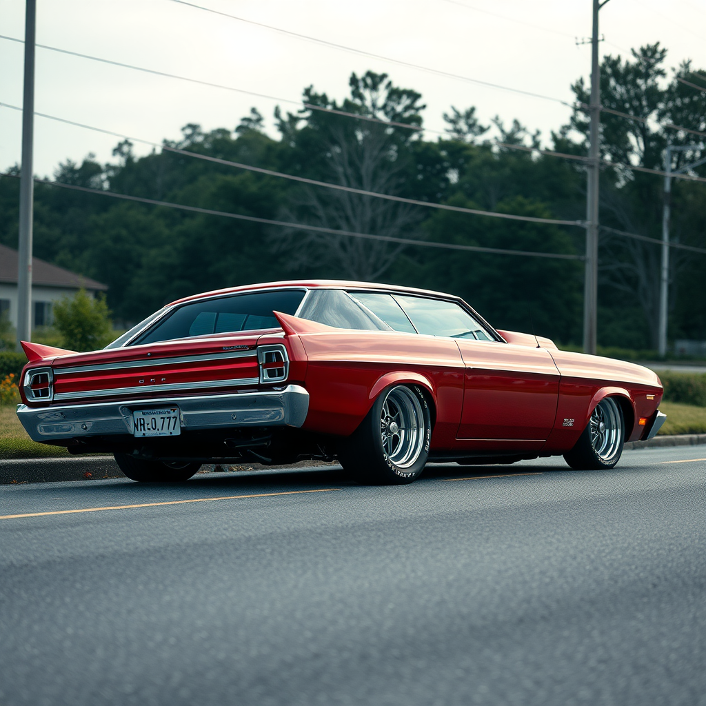 The drag car is parked on the side of the road, inspired by Taiyō Matsumoto, tumblr, restomod, nd4, c4 metallic shine candy red classic american low rider custom ford.