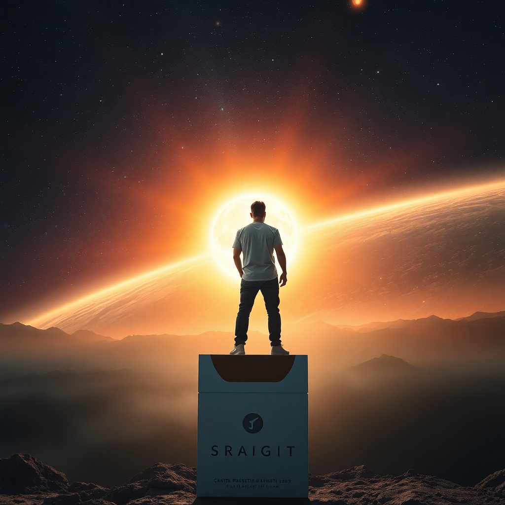 view from behind, a SCI-FI film poster, the man in cell t-shirt standing on pack of cigarettes that flies straight to the sun, universe,  4k, HDR