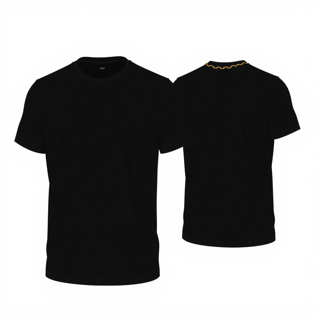 High-quality mockup of a black t-shirt on a white background, featuring a minimalistic vector design of a small snake coiling around the neckline. The snake should resemble a sleek, chain-like design, subtle and clean. Show both the front and back of the t-shirt, with the fabric being 240gsm for a premium look and feel. The mockup should highlight the t-shirt without any person wearing it, focusing on the garment's structure and design details. Ensure the presentation is elegant and minimal, with the snake design standing out around the collar.