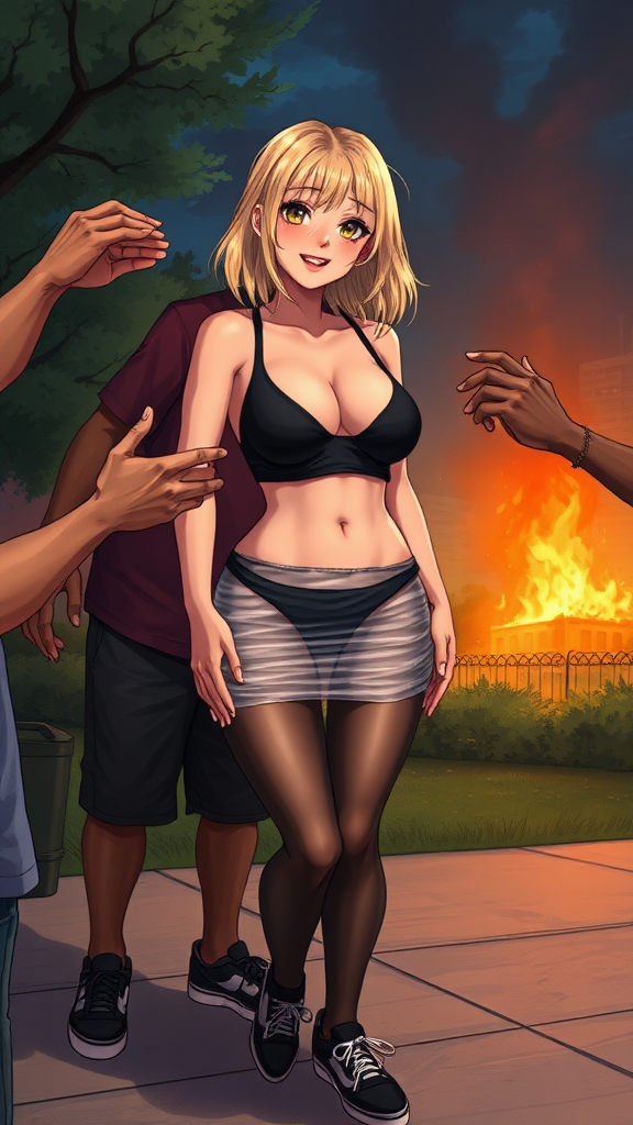 Anime art of a woman and hands of thug black-African rioters next to her touching and grabbing her all over, medium blonde hair, wicked smile, a black, sleeveless crop top that reveals the woman's falling-down black bra and a high-waisted, wicked smile, large breast, wearing a transparent ripped and pulled on mini skirt by guys that showcases her black thong underwear underneath. She is also wearing black sheer tights and black sneakers with white laces, in Park and 1 building on fire at night from riots background.