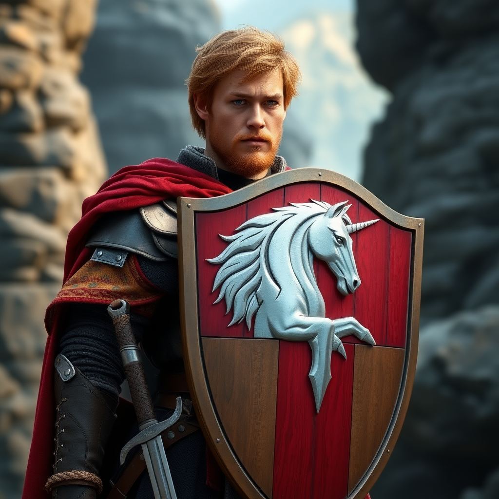 In a fantasy world, a paladin resembling Samwise Gamgee, carrying a shield with a coat of arms depicting a silver unicorn's head, high definition, with a normal and standard human appearance, no beard? Character standing upright, sword at his side and shield strapped to his left arm.