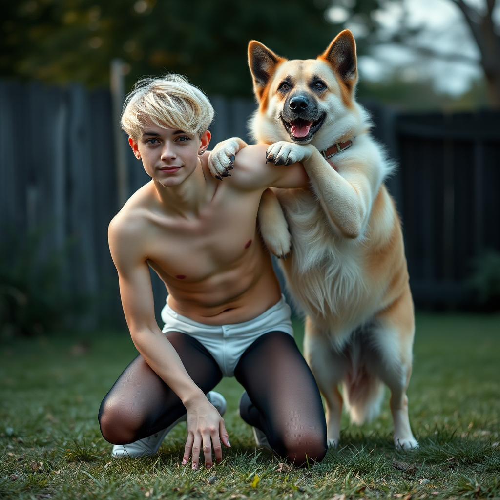 photorealistic, ultra high resolution, 16K, surreal fantasy, studio lighting, a pretty 16 year old goth male, slim male physique, short blonde hair, goth makeup, earrings, pantyhose, white ballet shoes, playing with his large dog in the yard - he is kneeling forward, while the dog stands up behind him and rests its paws on the boy's shoulders, excited smile, facing the camera.