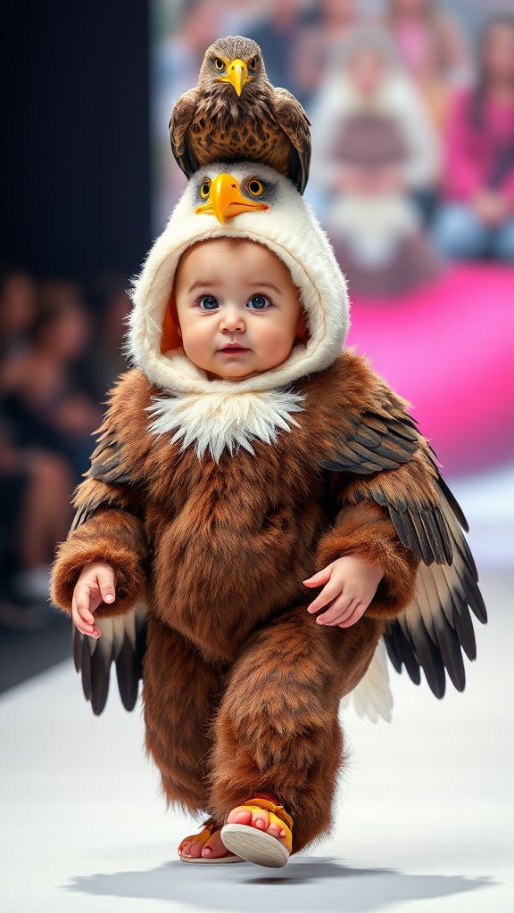 A cute small chubby fair baby with big eyes, pink lips, and pink cheeks is wearing a furry cozy eagle costume and doing a ramp walk in a fashion show, walking with a real eagle sitting on the baby's head.