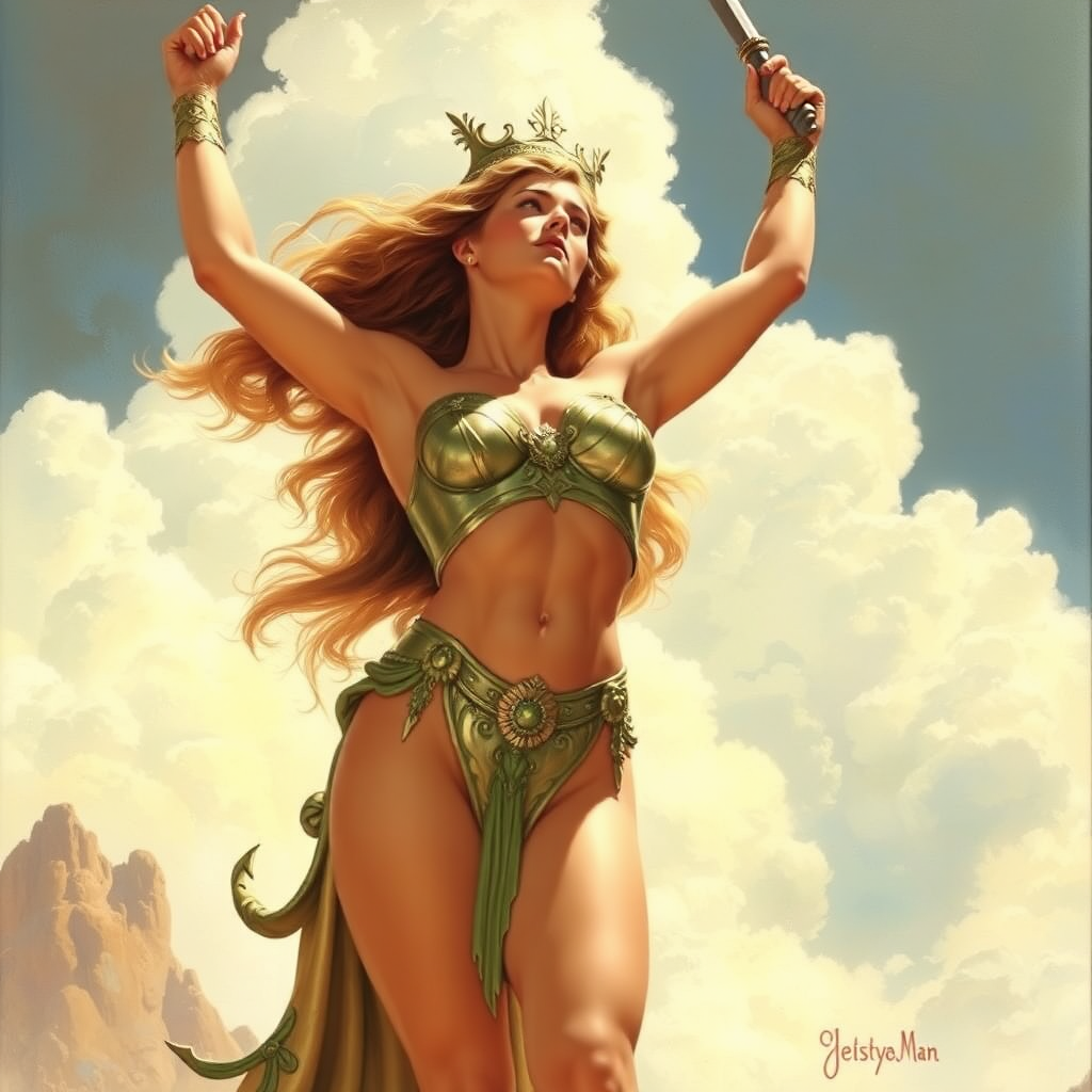 Imagine: if Frank Frazetta had originally painted Lady Godiva for adult comics - her arms up