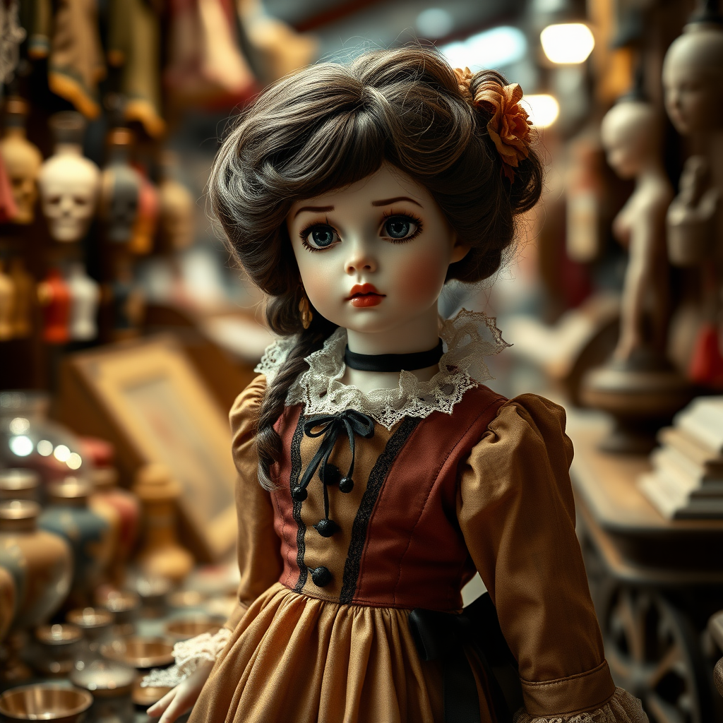 a young porcelain doll in flea market wearing a Victorian dress, artist doll, bjd, cinematic still, high quality photo, hyperrealism, by klimt, intricate environment, ultra-detailed cinematic shot, impressionistic, dynamic