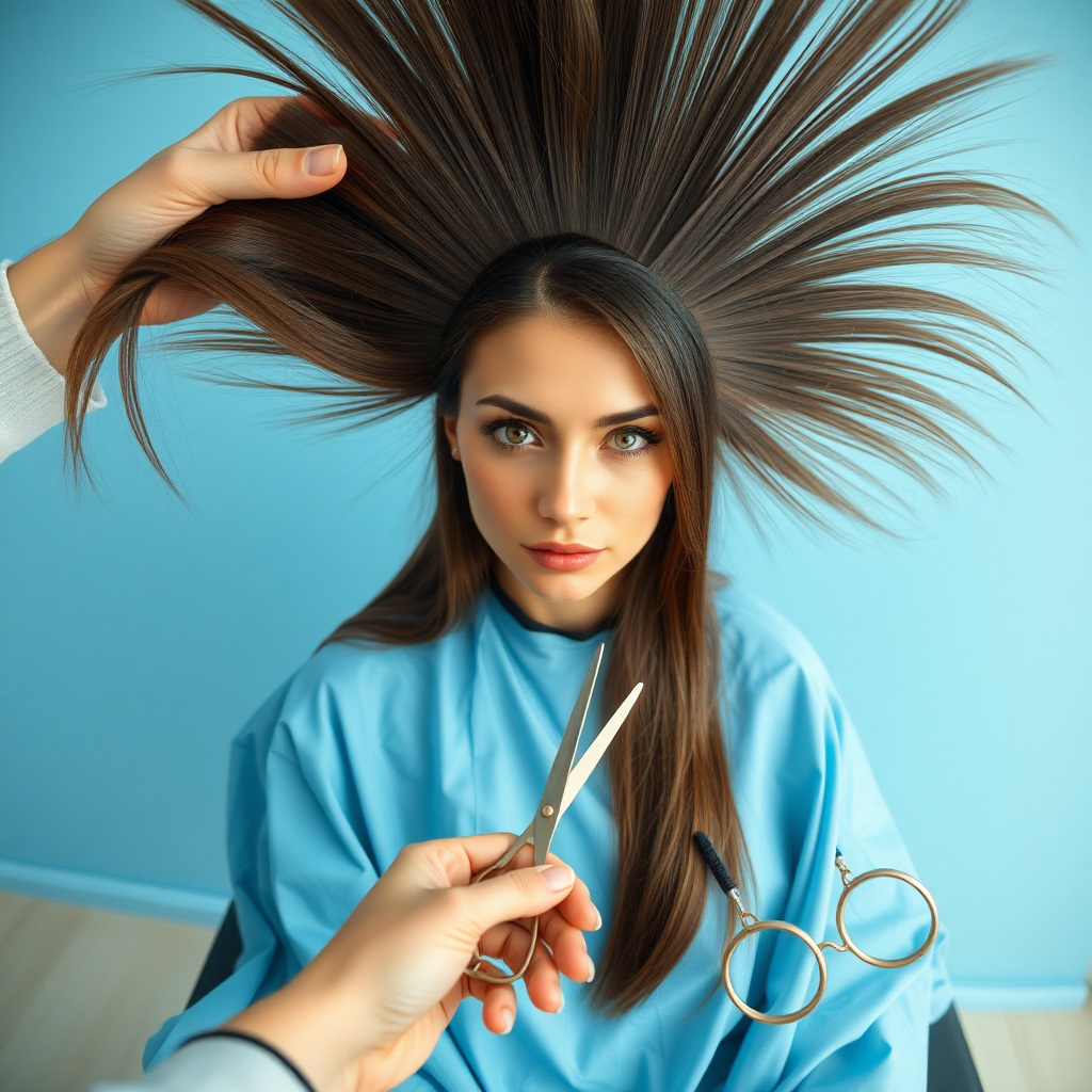 POV, A beautiful woman sitting in a hair salon wearing a blue salon cape, looking at the camera. Her very long hair meticulously fanned out. I'm grabbing a lock of her hair with one hand and prepare to cut it with scissors held in the other hand. Plain light blue background.