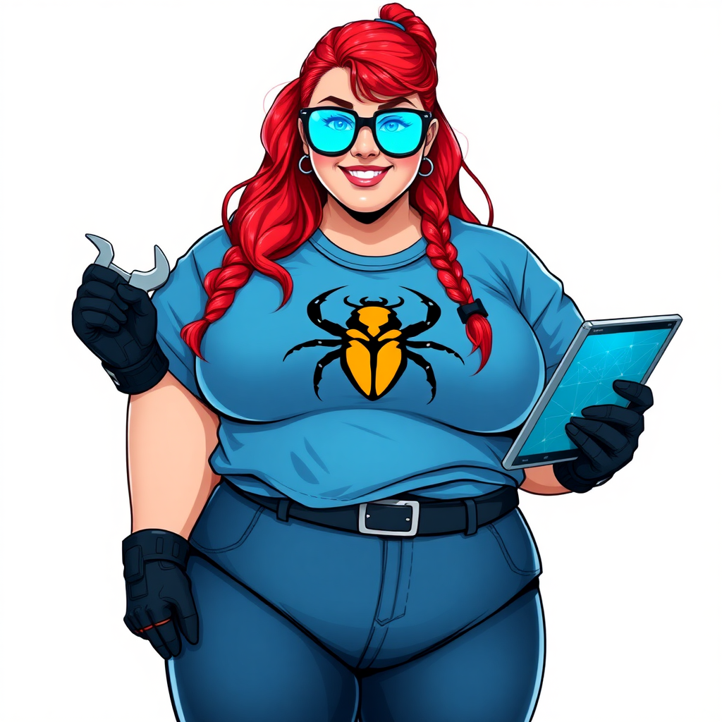 A 28-year-old, full-figured computer hacker and tech wiz, she is the girlfriend of a cyberpunk vigilante. Her long ruby red ponytail, and striking, bright blue eyes make her stand out. Her wrecking ball-sized midsection, sequoia-sized limbs, and broad shoulders define her full figure, which has been heavily pampered by her doting boyfriend. Her nerdiness is blatantly obvious, and she serves as her boyfriend’s tech expert.

As the loyal and supportive sidekick, she plays a crucial role in their missions, using her digital and technological prowess to assist and protect. She wears an oversized maximum blue t-shirt adorned with a maximum turquoise beetle chest icon, black oversized eyeglasses, matching maximum blue biker pants, and black high-tech gloves. She beams with a neon red blush, holding a futuristic wrench and a digital holographic tablet. She is on a solid white background. She is drawn as if she was in a retro 2D cyberpunk fighting game. Her midsection is bloated to emphasize her figure.