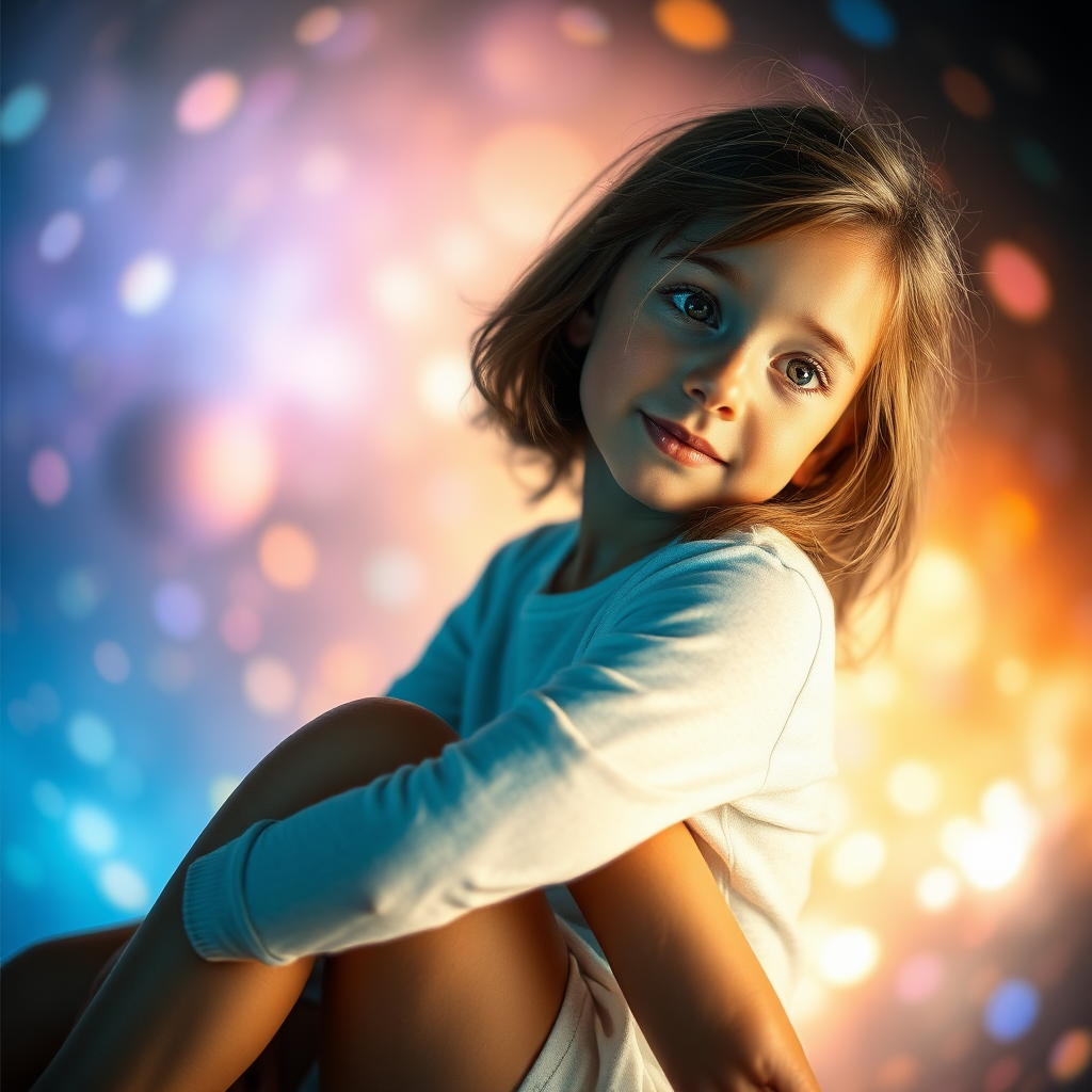 preteen girl in natural pose, relaxed, full body shot, dreamscape, nebula, Bokeh, abstract, brilliant colors, glittering, translucent, iridescent, natural skin, glowing, artistic photo, wide angle, cute, interesting, microscopy, airy, original, experimental, refraction