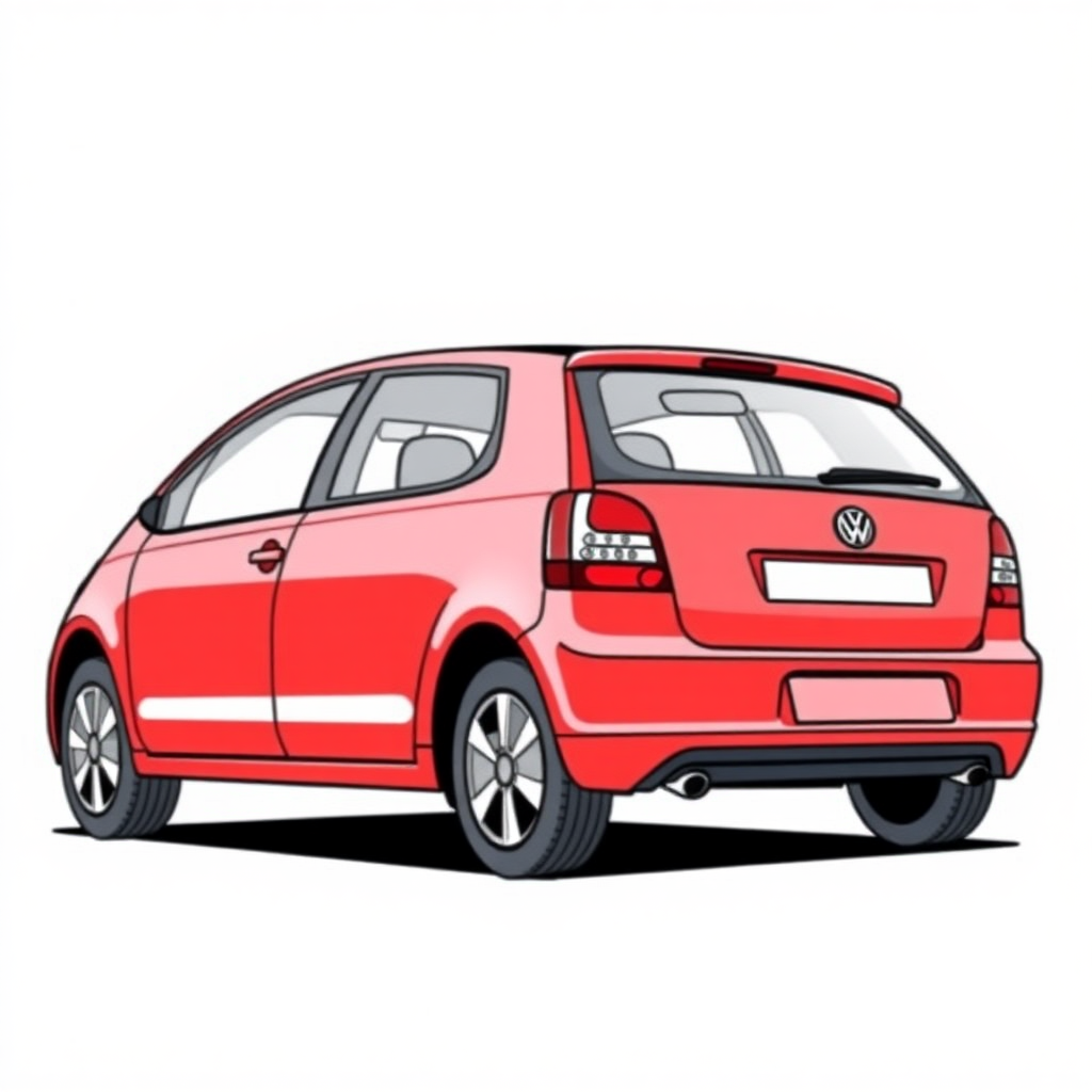 3 door red vw polo III car, long establishing shot, 2D, caricature, cartoon, Sketch lines, coloring book, coloring book style on white background, well composed, clean coloring book page, No dither, no gradient, strong outline, No fill, No solids, vector illustration, realistic proportions, left side view