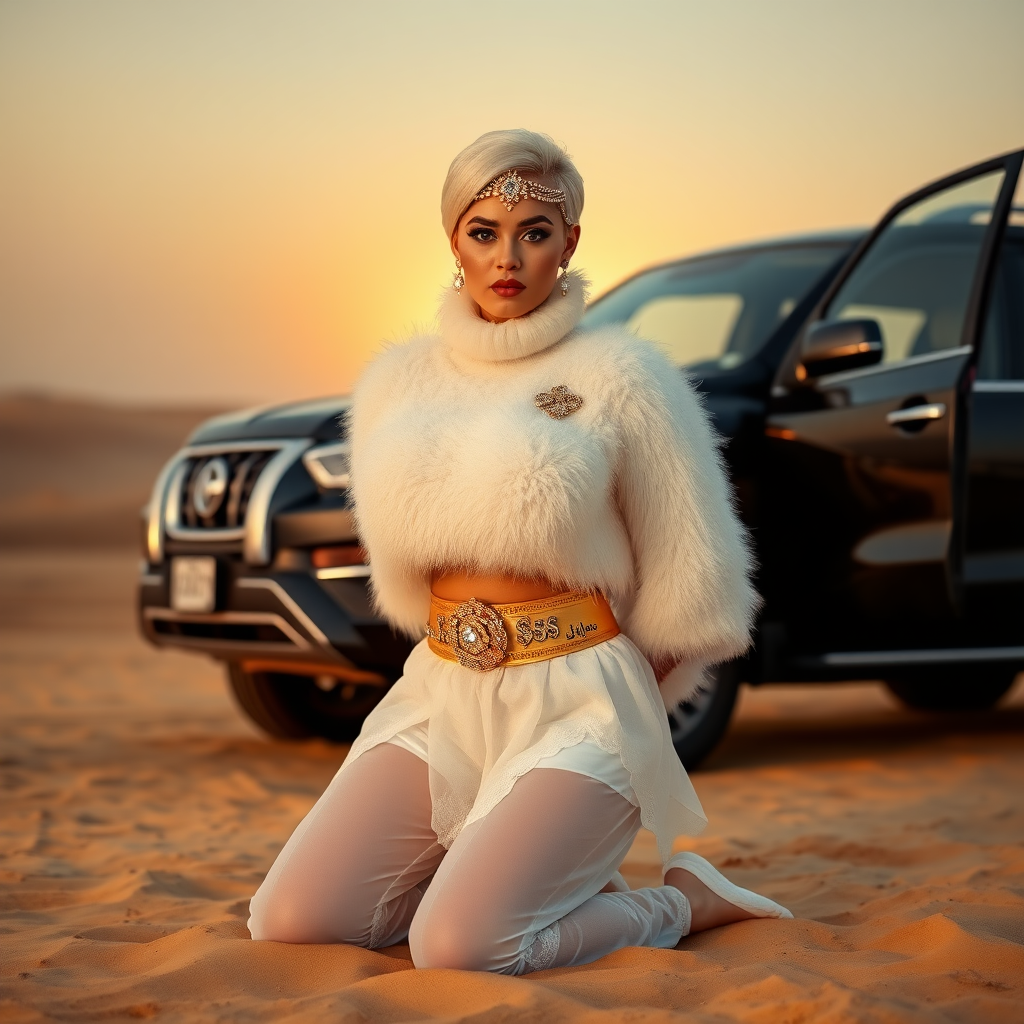 Kuwait desert dunes misty dawn, full size luxury SUV: Melissa, European 17 years old very convincing femboy “trophy-bimbo”, tamed servile docile, very beautiful feminine flawless face, rather short, by hormones very curvaceous womanly figured, platinum blond short tight curls, bold red lips, heavily made-up face, wearing Supertanya-style fluffy very fuzzy bright white angora turtleneck-poncho cropped ending under bust decorated with pearls and gemstones, striking oriental wide gold bridal protection belt, white fully transparent harem pants, full Oriental bridal jewelry with striking headpiece, full Oriental face-jewelry, striking diamond “$$$” letter brooch on left chest, pout frustrated, hands tied behind back, kneeling in sand in front of SUV, looking at camera. Focus on face and turtleneck-poncho.