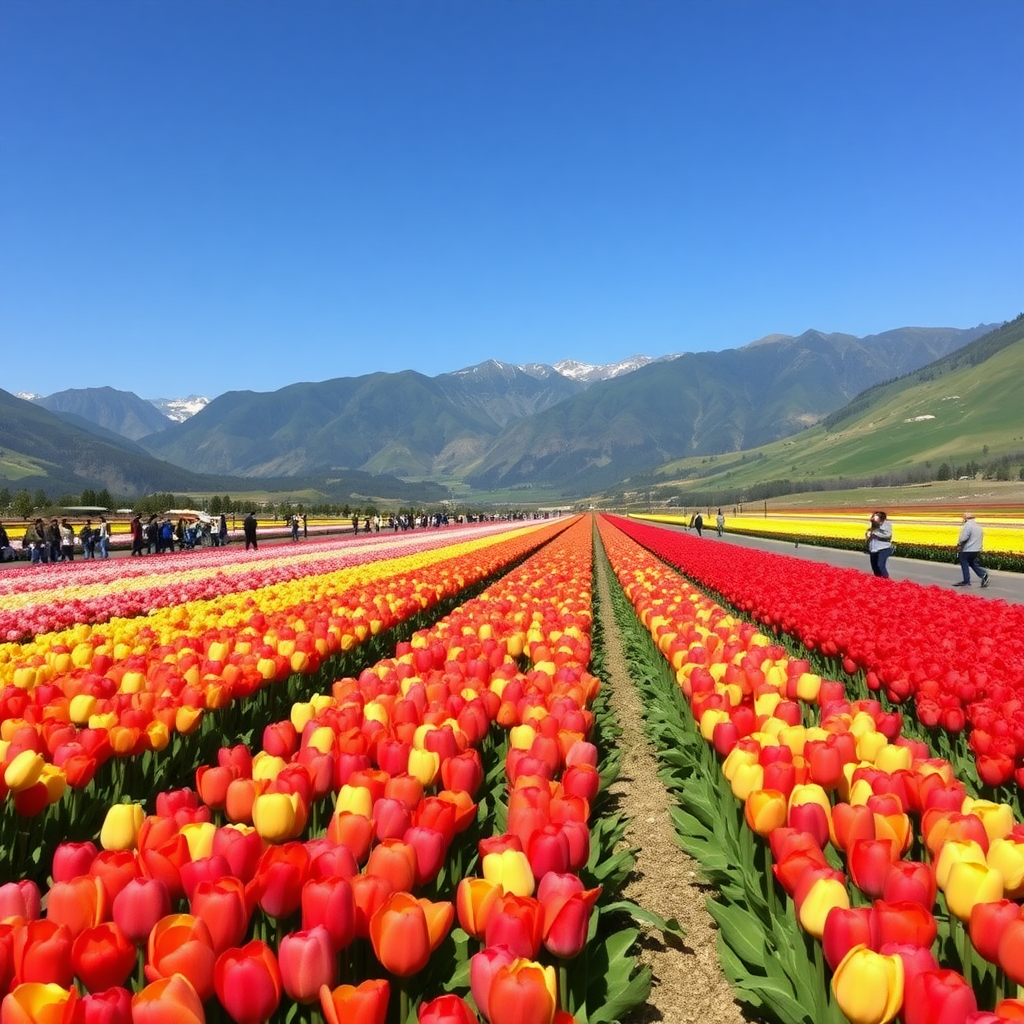 large and very long stretches of colorful solid-colored tulips with mountains in the background and many people present