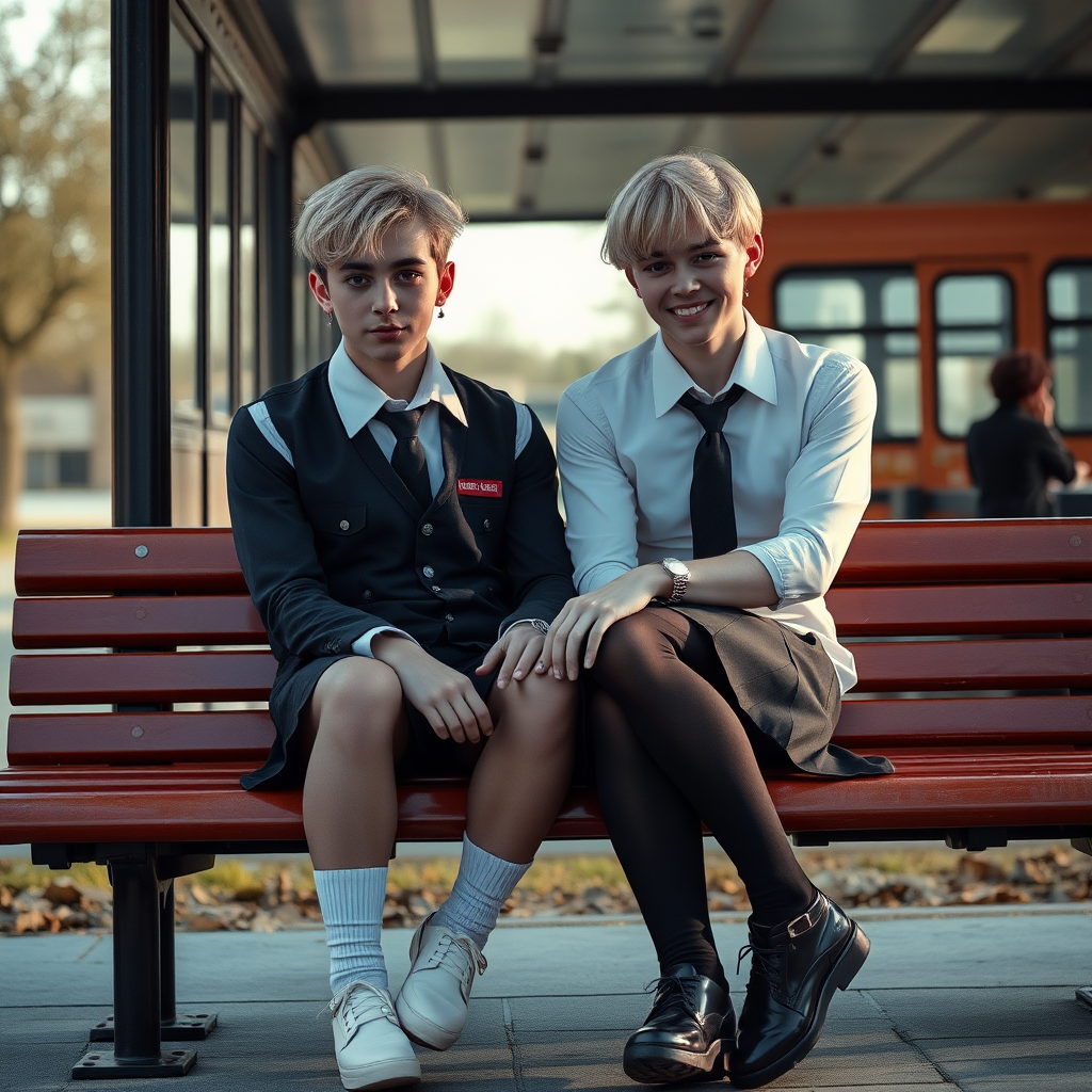 photorealistic, ultra high resolution, 16K, surreal fantasy, soft studio lighting, a pretty 18 year old goth male, slim male physique, short blonde hair, goth makeup, earrings, shiny black pantyhose, UK girls-school uniform, Mary-Jane shoes, sitting on his boyfriend's lap on a bench waiting for the school bus, in daylight, excited smile, facing the camera.