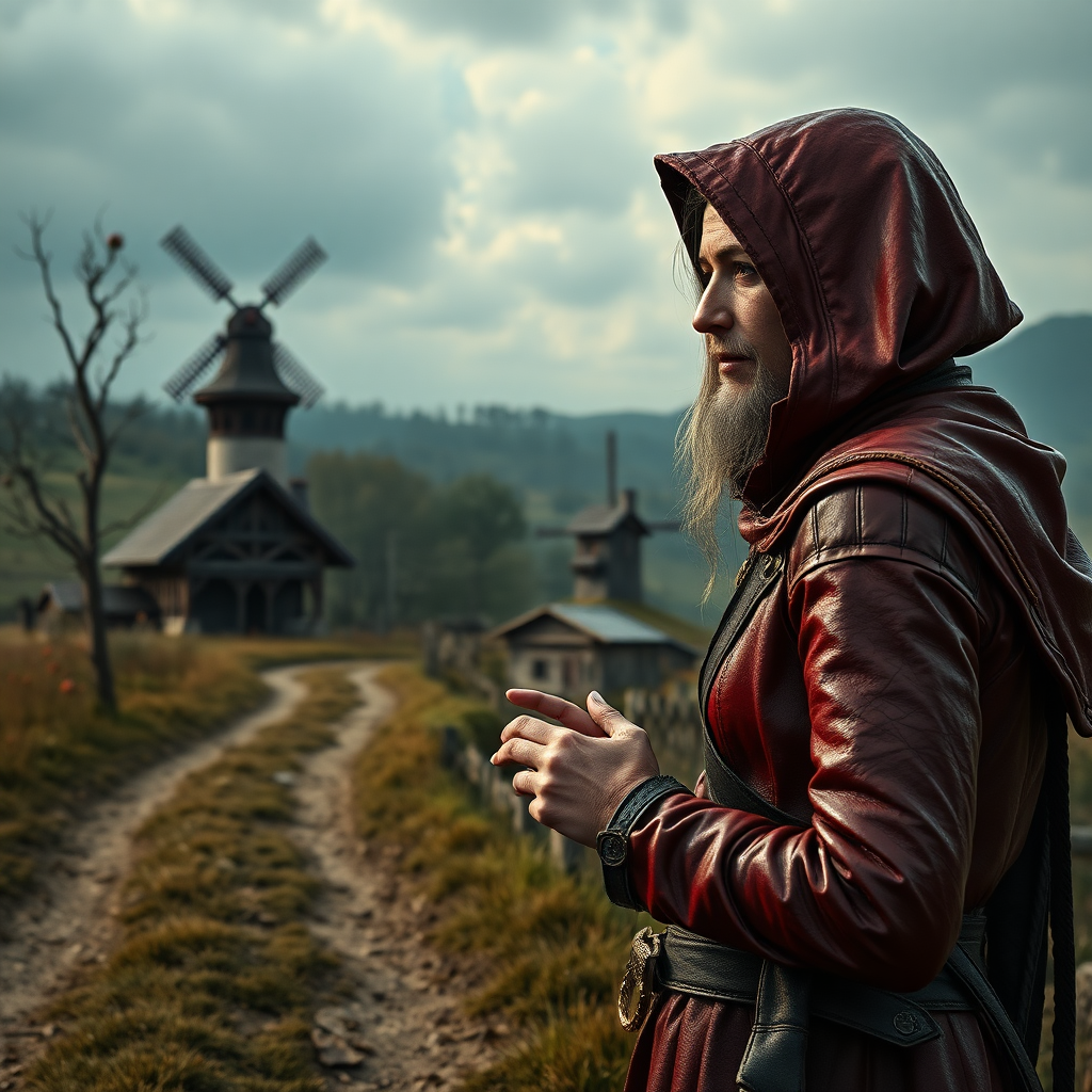 A wide distance shot of a pretty female adventurer in subtle red leather clothing with a hood, walking towards a thin, short, frail clean-shaven old farmer wearing rags and who looks ill. She is holding a gold ring. a pastoral fantasy house near a road to "Dunright". A single apple tree with a few moldy apples on it. A gothic fantasy village and mage tower with windmill in the distance. photorealistic dark fantasy digital matte painting. lens flare, film grain