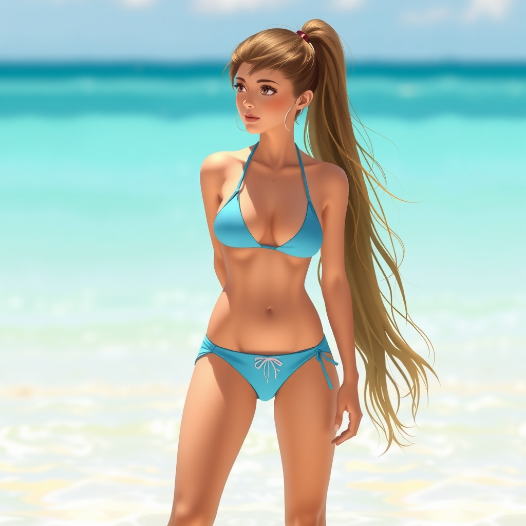 girl, wearing bikini, ponytail, long hair, standing