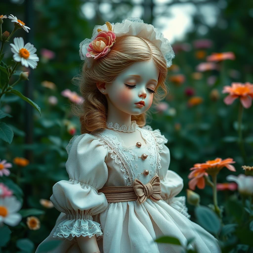 a young porcelain doll in the garden wearing a Victorian dress, smelling flowers, bjd, cinematic still, high quality photo, by victo ngai, by Masamune Shirow, by wadim kashin, by audery_kawasaki, by ismail inceoglu, by amy sol, outline, hyperrealism, by klimt, intricate environment, ultra-detailed cinematic shot, impressionistic