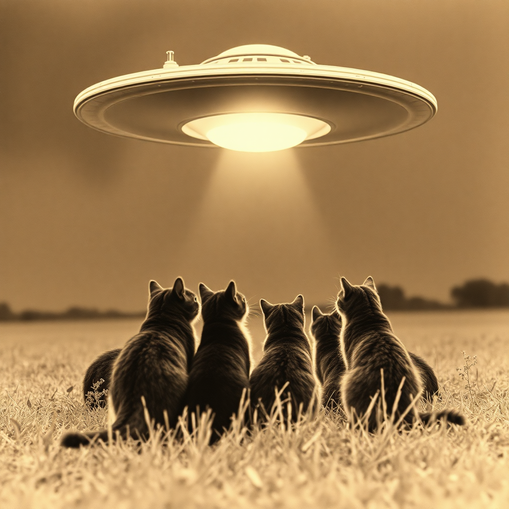 highly detailed sepia toned real photograph from the late 1940's of a group of cats examining a UFO that has landed in a field