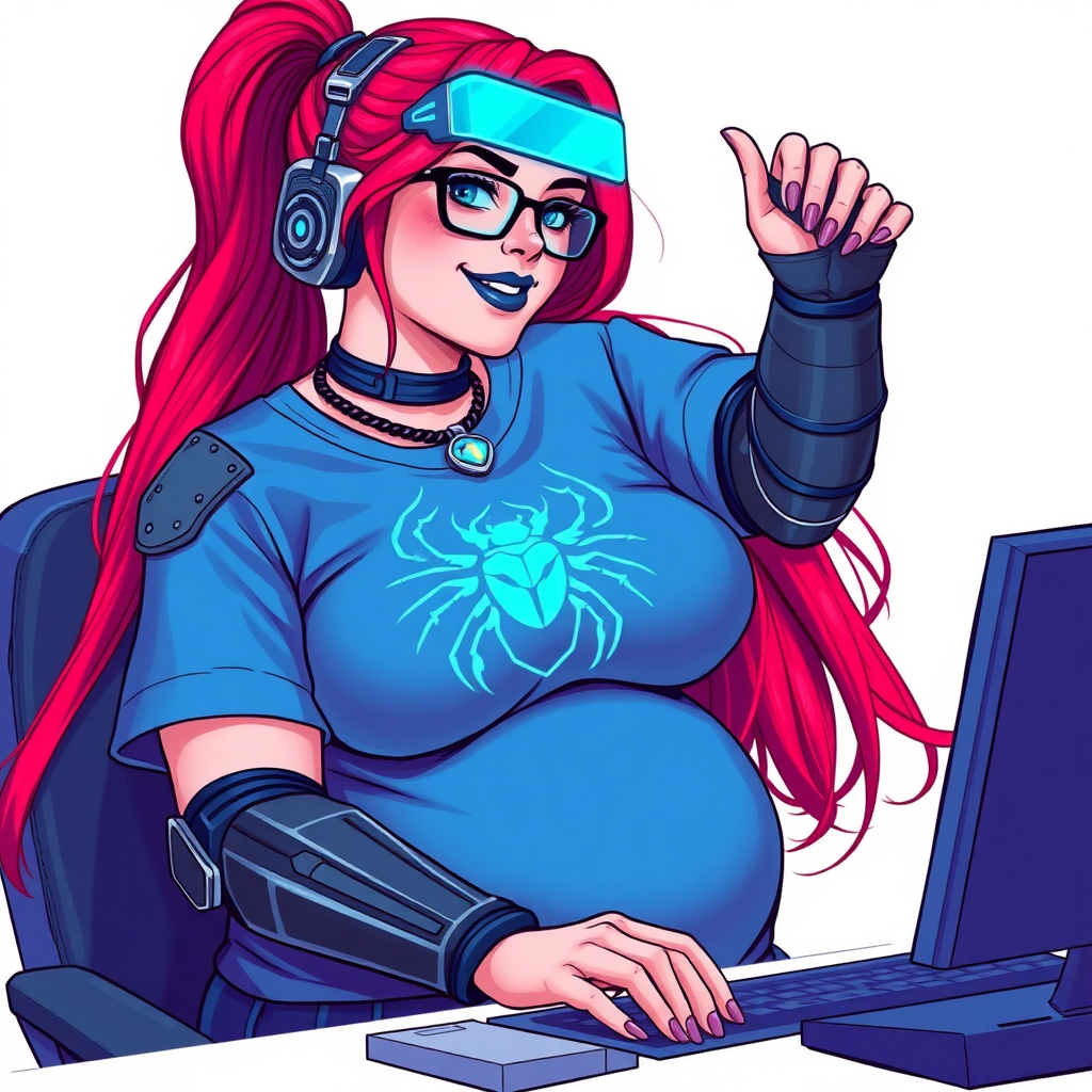 A cyberpunk vigilante’s full-figured intelligent and tech-savvy 29-year-old girlfriend, who is a computer hacker and tech genius. She has a long ruby red ponytail and bright blue eyes. She wears maximum blue lipstick, a sapphire beetle gemstone necklace, sapphire earrings, black eyeglasses, hi-tech metal arm armor, and an oversized maximum blue t-shirt featuring a neon blue glowing emblem of a scarab beetle on its chest. She has a full-figured physique with a giant, round midsection, reflecting her well-cared-for lifestyle. She sports a sapphire headset with a hi-tech maximum turquoise lensed HUD, and a beaming smile with a passionate bright red blush. Despite her figure and a lack of self-esteem, she radiates beauty. She has a slim face which contributes to her radiant beauty. She serves as his tech expert from his hideout, diligently working at her lab table and computer desk. The background is solid white. She is drawn as if she was in a retro 2D cyberpunk fighting game.