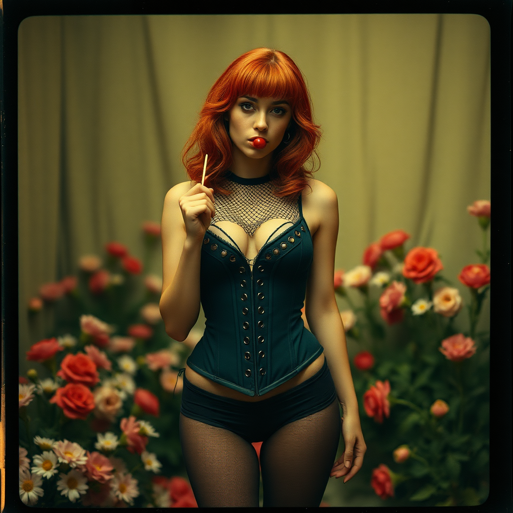 a scan of an old film photo with heavy dark vignetting and color ting and light leak and visible wear and cracking with visible lines from being folded depicting a sexy curvy alt goth girl with red hair wearing a cupless underbust corset and fishnet bra barely covering nipples and black stockings with thong panties standing in a photography studio filled with flowers, sucking on a small red lollipop