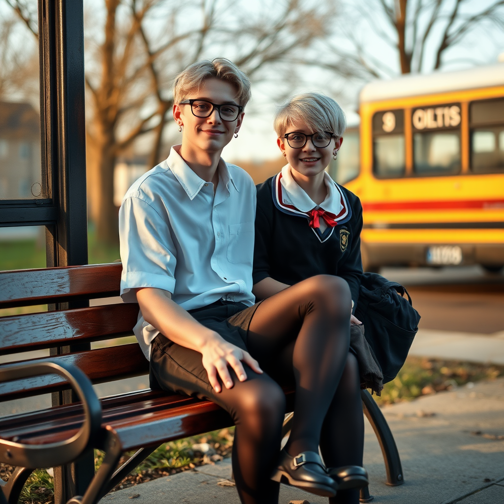 photorealistic, ultra high resolution, 16K, surreal fantasy, soft studio lighting, a pretty 18 year old goth male, slim male physique, short blonde hair, black glasses, goth makeup, earrings, shiny black pantyhose, UK girls-school uniform, Mary-Jane shoes, sitting on his boyfriend's lap on a bench waiting for the school bus, in daylight, excited smile, facing the camera.