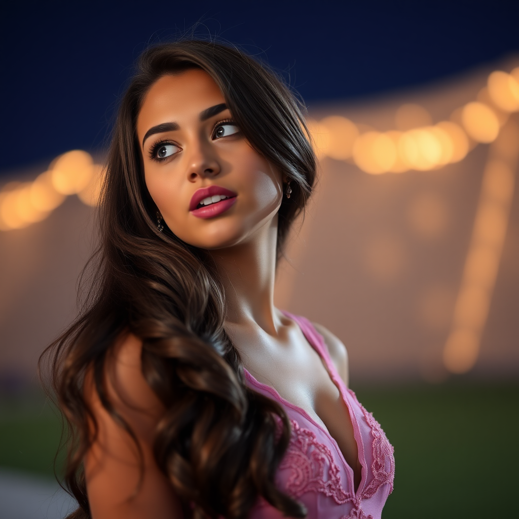 a young woman singing. long brunette hair with highlights, bright blue eyes. suntanned skin. small lips colored pale rose. looking to the side. wearing an elegant long rose dress with transparent lace. view from far. night sky in background. photo