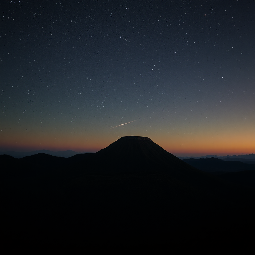 semidark sky with many stars, big and small, with medium-high surrounding hills and a large conical hill with vegetation