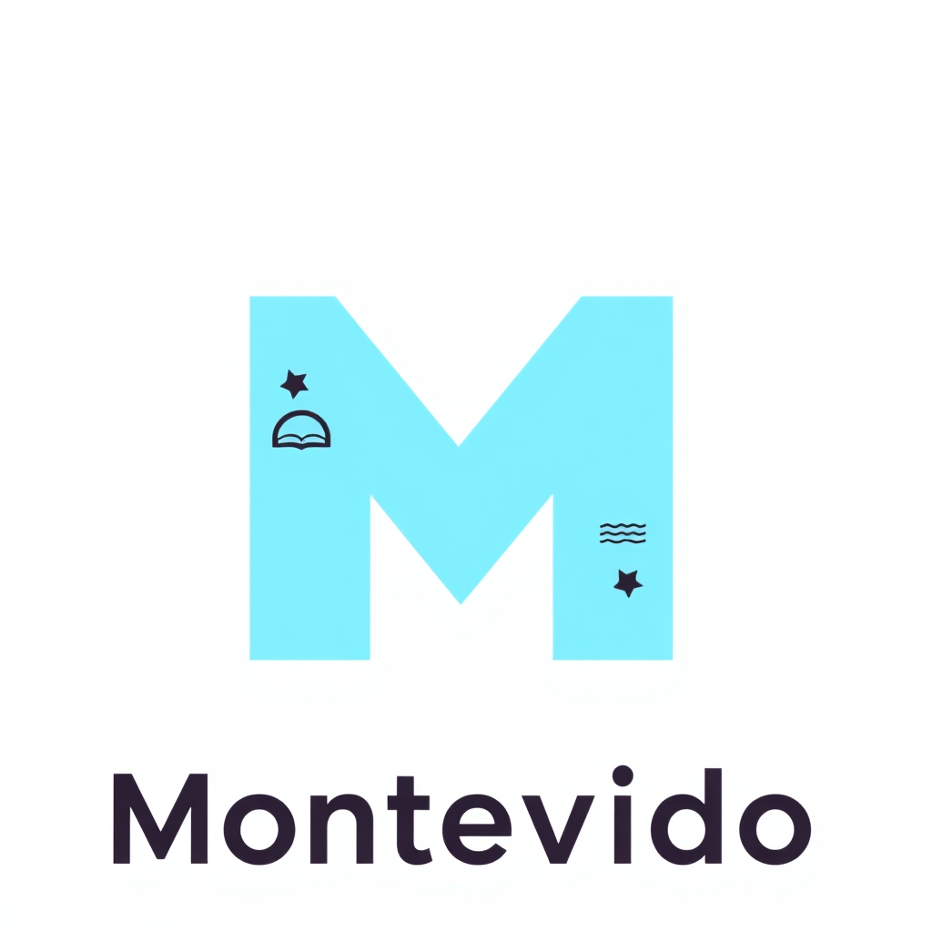 Make a simple logo for a repository of places and activities to do in Montevideo, Uruguay. Make sure to include an M; keep the background a plain color; don't include the word Montevideo; add stuff to make it look like a map of places. Make the accent color light blue. Make it so it works better when really small.