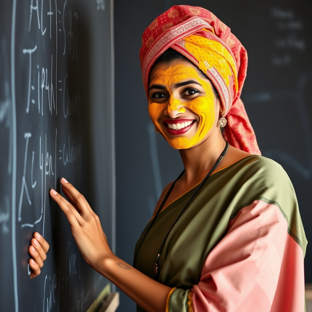 slim, 30 year old, sexy, indian female school teacher, saree, towel head, turmeric face mask. She is smiling and teaching on a blackboard