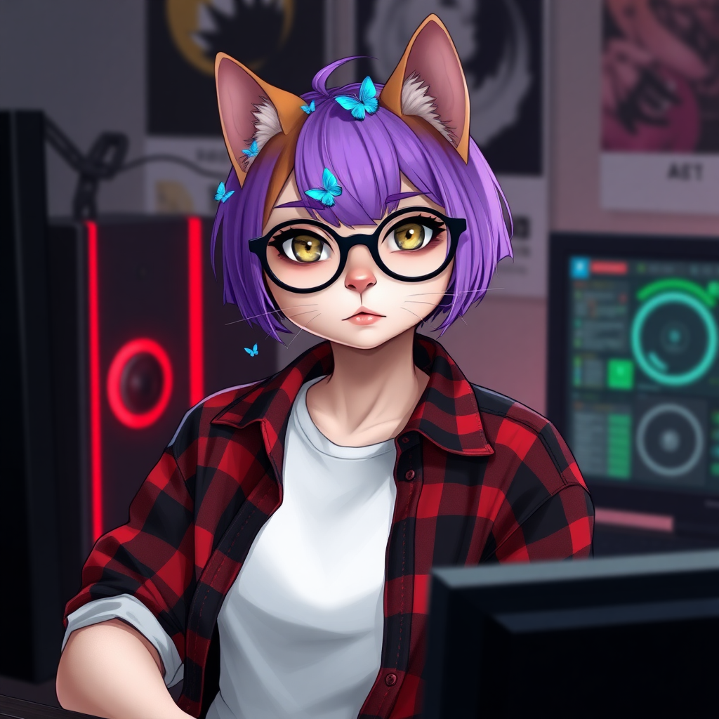 female cat-human without breasts/flat chest serious chestnut color with little blue butterflies on her head, with a purple UNDERCUT haircut, hazel eyes, wearing semi-round glasses, a red and black plaid shirt open over a white t-shirt, in front of a gaming PC at a desk, in digital art