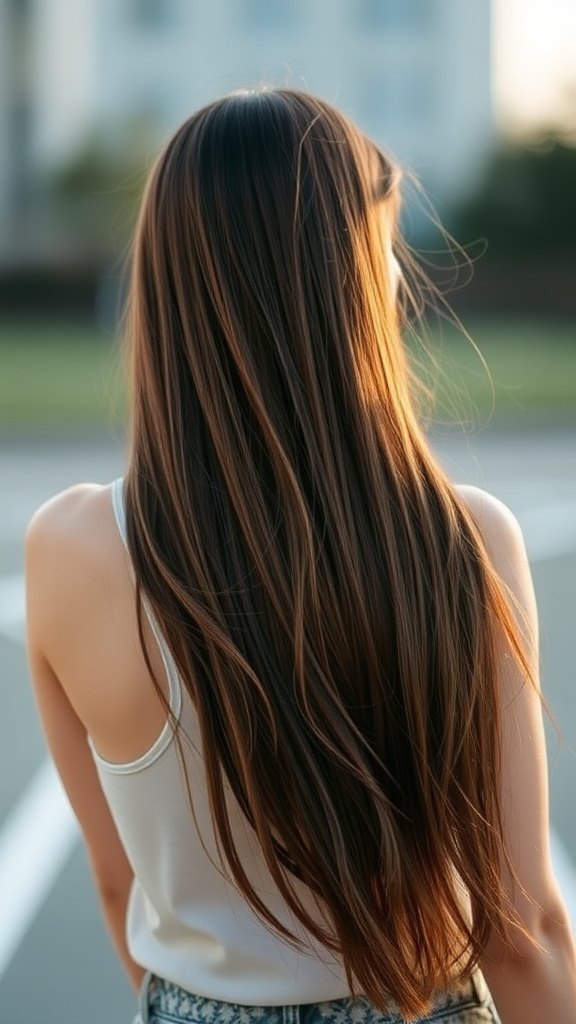 Model woman from behind with long cool brown hair