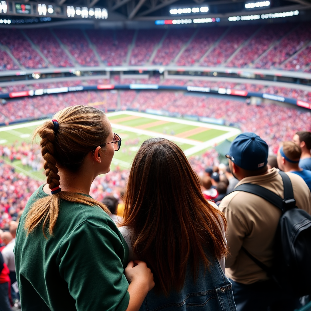 Attractive female NFL fan, pigtail hair, talking with friends, inside crowded bleachers, NFL stadium