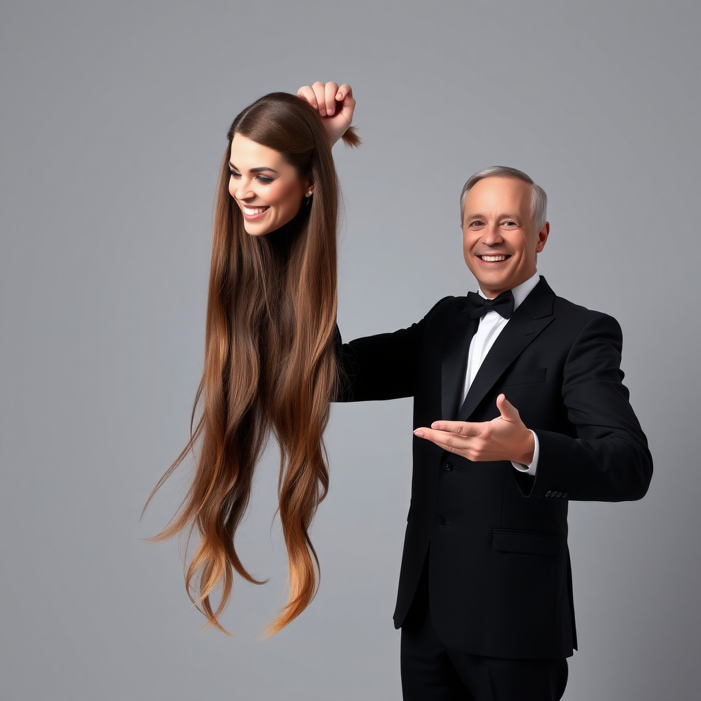 A surreal image of a smiling male magician holding up the disembodied head of a very long-haired Kate Middleton. He is grabbing her very long hair and pulling it up high in the air, while her head is hanging by her hair from his grasp to display it to the camera. Plain gray background.