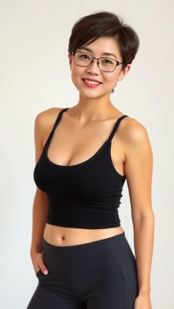 A beautiful Chinese woman, 30 years old, short hair, wearing glasses, plump figure, small breasts, yoga pants, tank top.