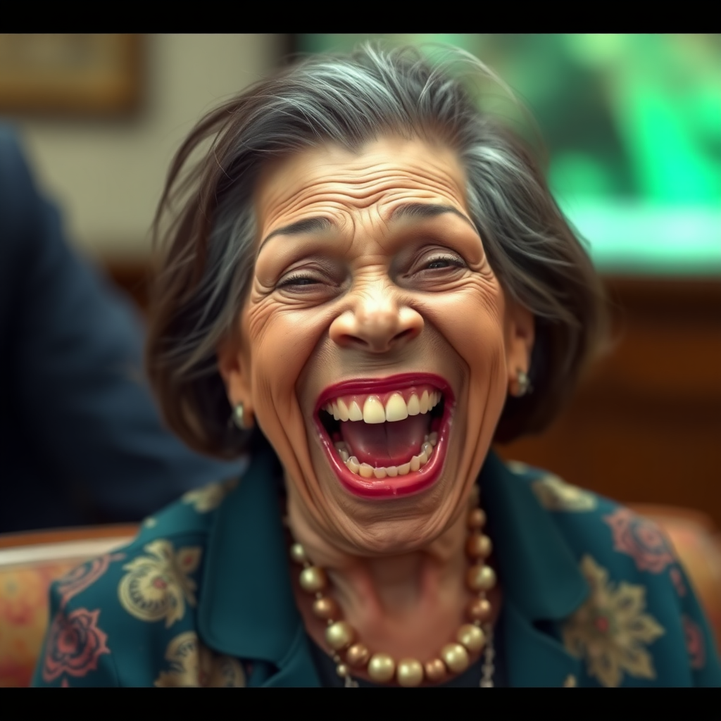 Kamala Harris lookalike old fat ugly female alien laughing, showing big rotten teeth,