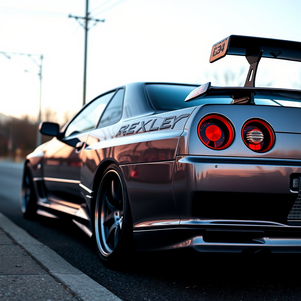 metallic shine nissan skyline r34 the car is parked on the side of the road, inspired by Taiyō Matsumoto, tumblr, restomod, nd4, c4 cold colors