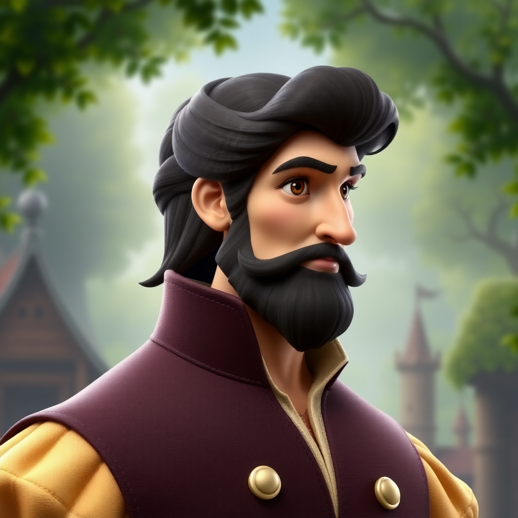 Generate a full-length, rendered image of Belle's head, hairstyle, and facial features atop Gaston's male figure. Blend their styles to create a unique background, inspired by both characters' personalities and settings. Keep Belle's signature look intact.