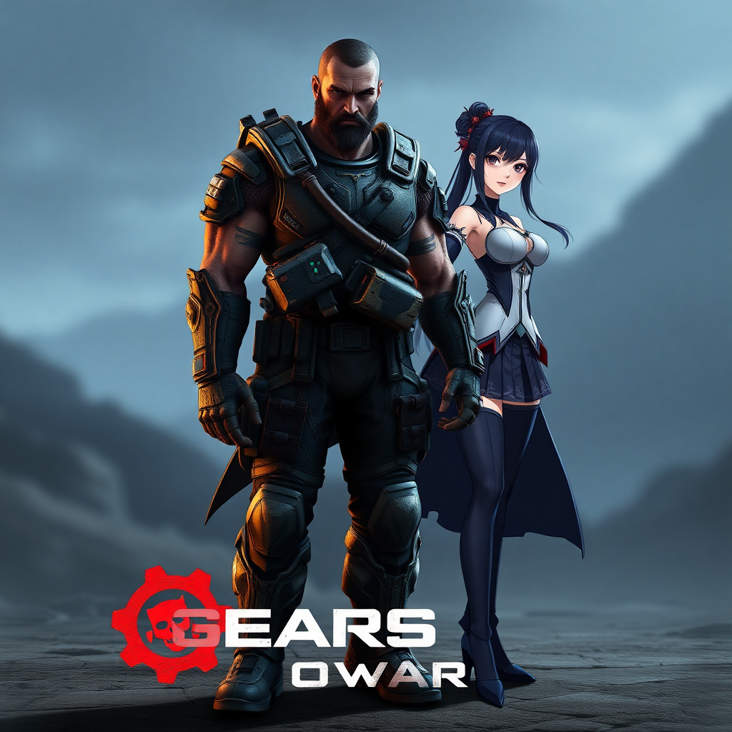 Generate a full-length image of the character Marcus Fenix from Gears of War, but with the body traits of Rin Tohsaka from Fate/stay night. Adjust the body shape to match Rin's while keeping Marcus's core costume. Incorporate embellishments and elements from Rin's outfit into Marcus's costume. The background should be a setting appropriate for both characters.