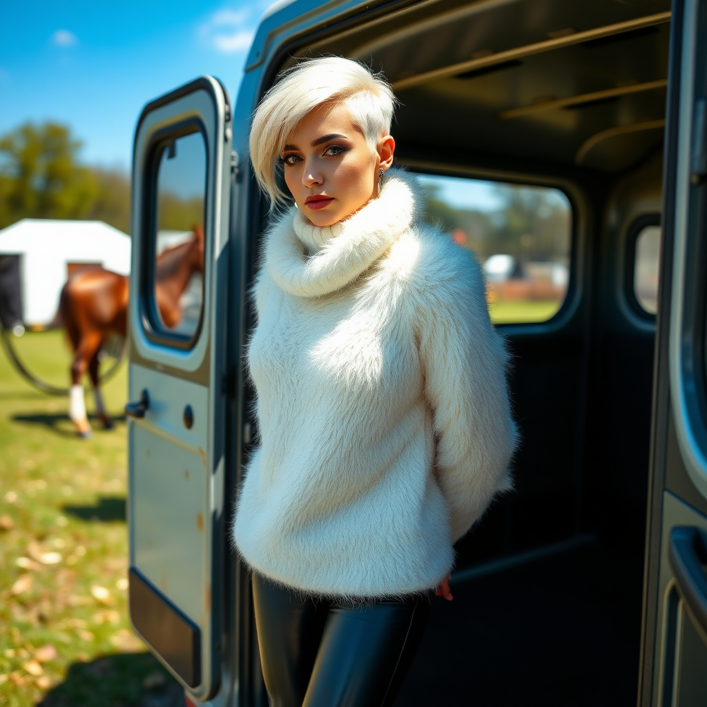 Country fair, sunny spring Sunday morning. Sam, 19 years old beautiful involuntary femboy, rebellious intractable character, petite boyish figure, platinum blond boyish rebel punk hairstyle, flawless heavily made-up face with sharp arched tattooed eyebrows, wearing Supertanya-style fluffy very fuzzy bright white angora thigh-length turtleneck-poncho fully covering body and arms, silver-glitter leggings, black leather high-heeled pumps, silver earrings, both hands tied behind back, standing inside horse transporter, waiting for her master. Focus on Sam’s face and turtleneck-poncho.