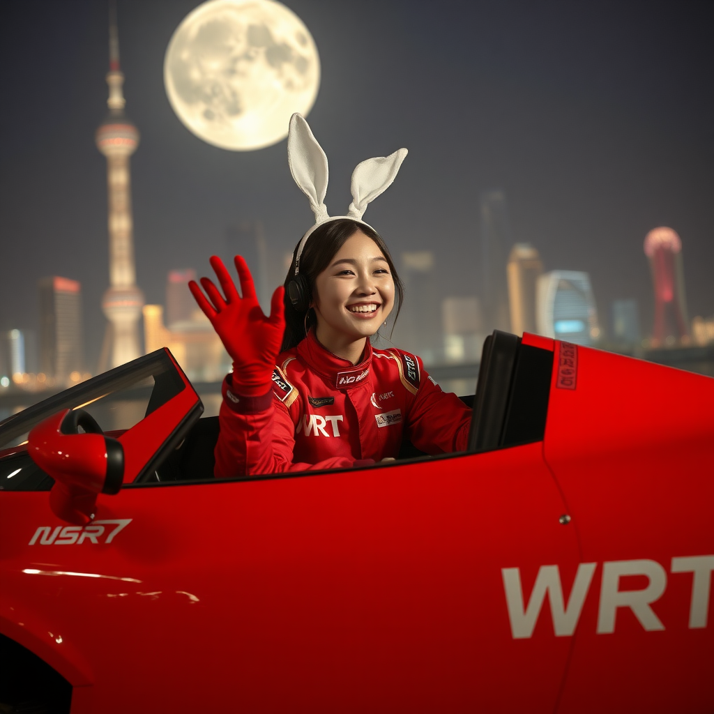 A red racing car with only "WRT" written on its body, a beautiful Chinese female racer wearing bunny ears, sitting in the car, laughing and waving her racing gloves. The red racing suit also has only "WRT" written on it, with the background showing the night view of Shanghai and a huge moon.